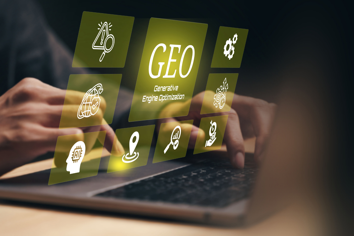 GEO üretken motor optimizasyonunu anlatan ikon panelleri ve klavyede yazan eller