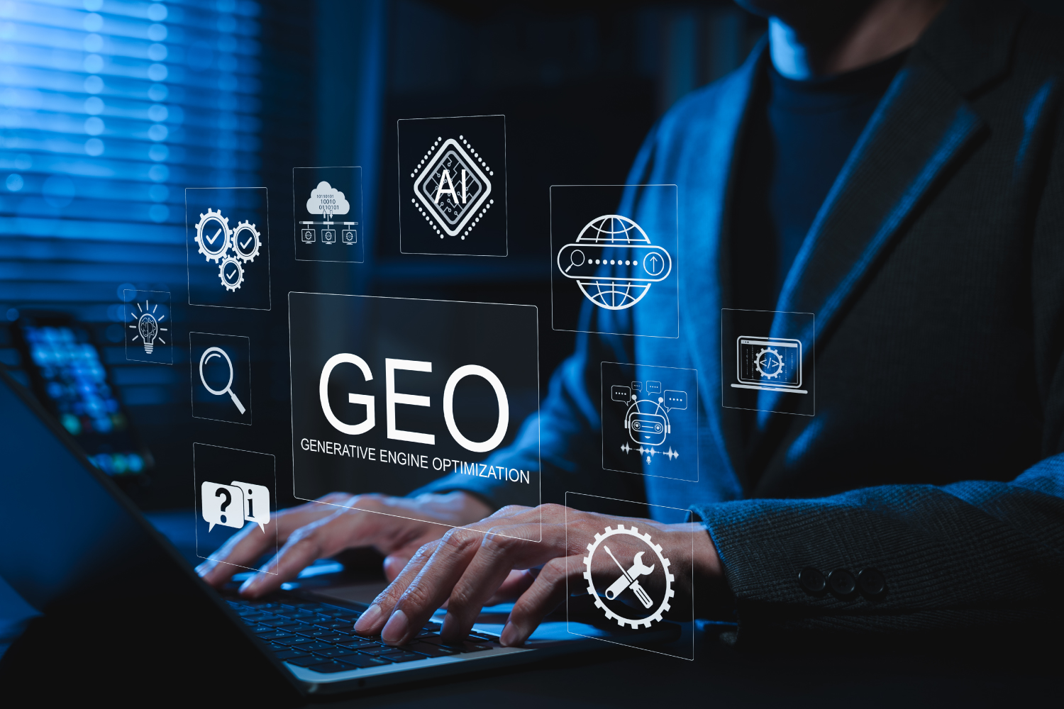 GEO Generative Engine Optimization arayüzü ve dizüstü bilgisayarda yazan iş insanı
