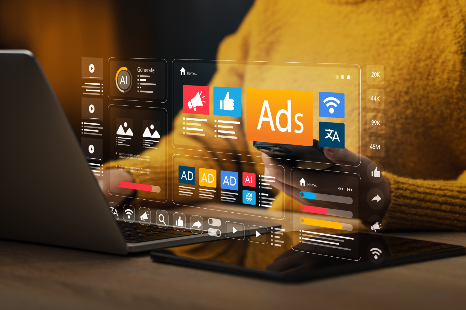 Dizüstü bilgisayar ve tablet başında beliren reklam panelleri ile kampanya metrikleri