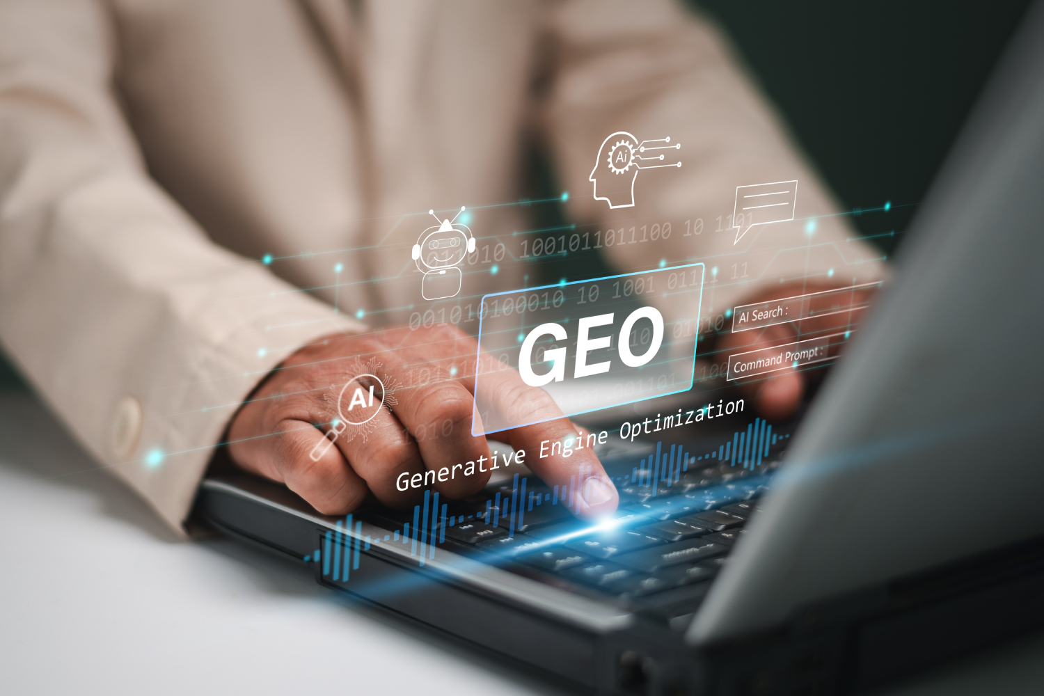 Dizüstü bilgisayarda GEO yazısı ve çevresindeki yapay zeka arama ikonları