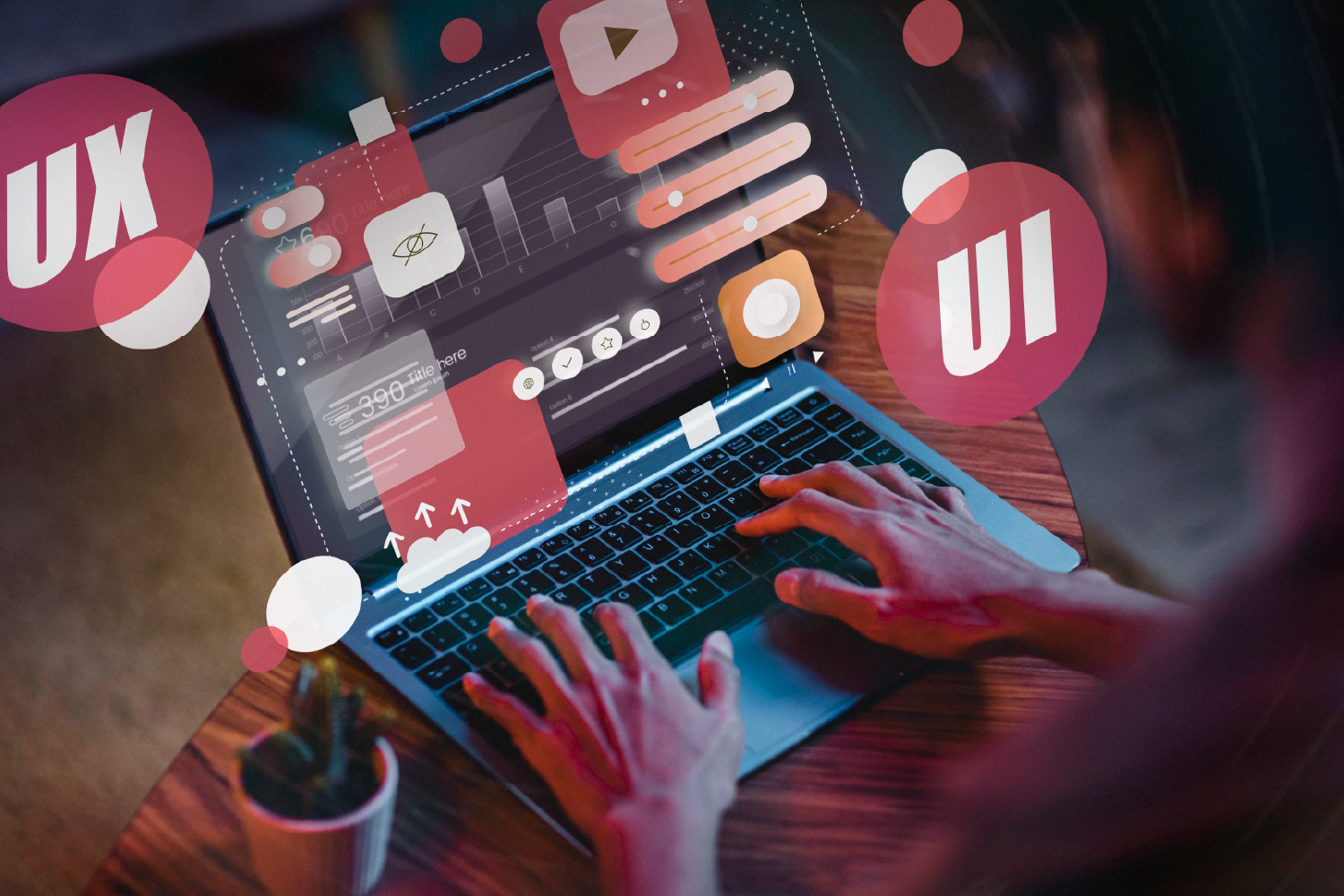 Dizüstü bilgisayarda web sitesi arayüz tasarımı ile UX ve UI baloncukları