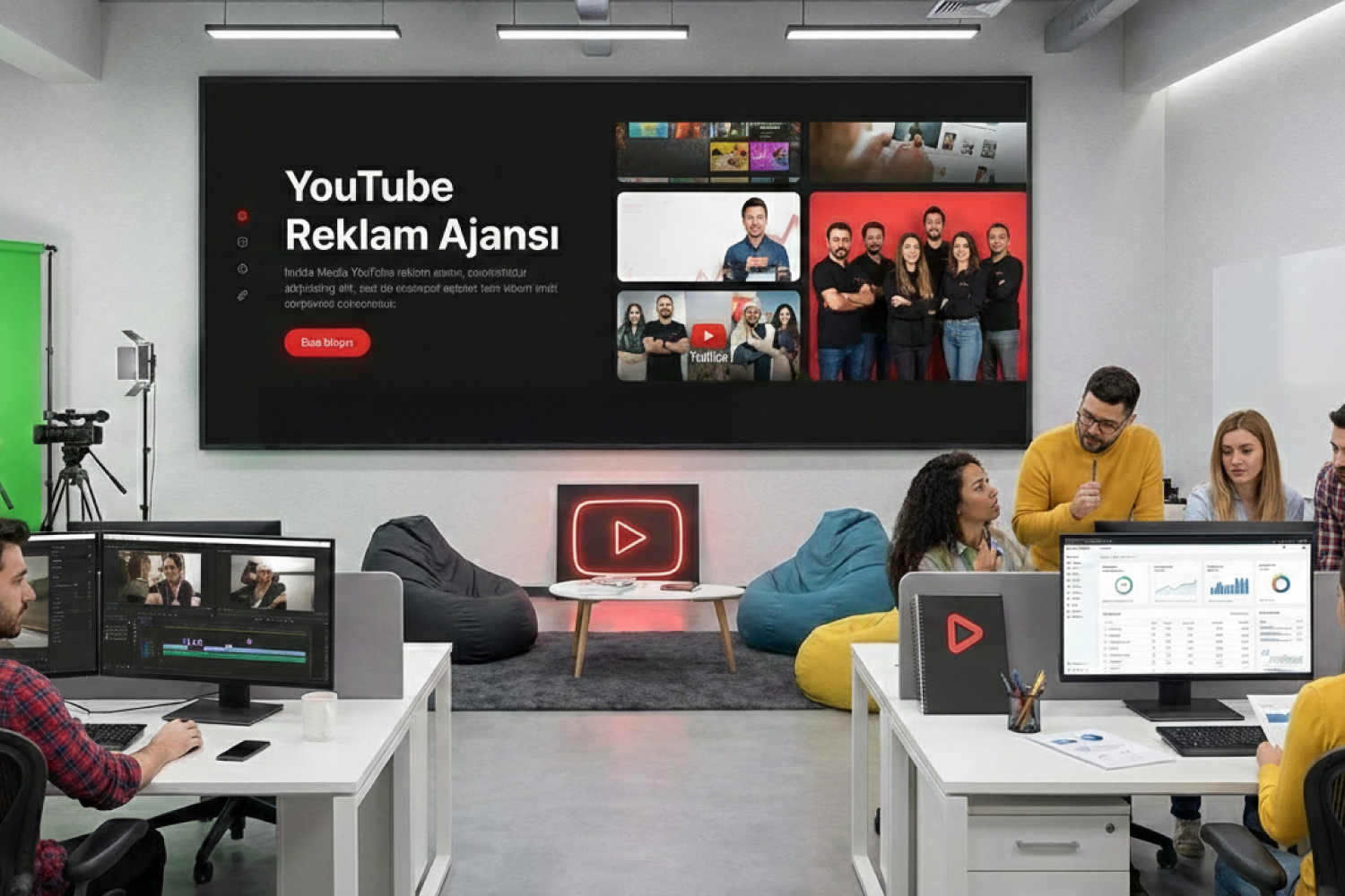Ekranında YouTube reklam sunumu açık ofiste çalışan video prodüksiyon ekibi