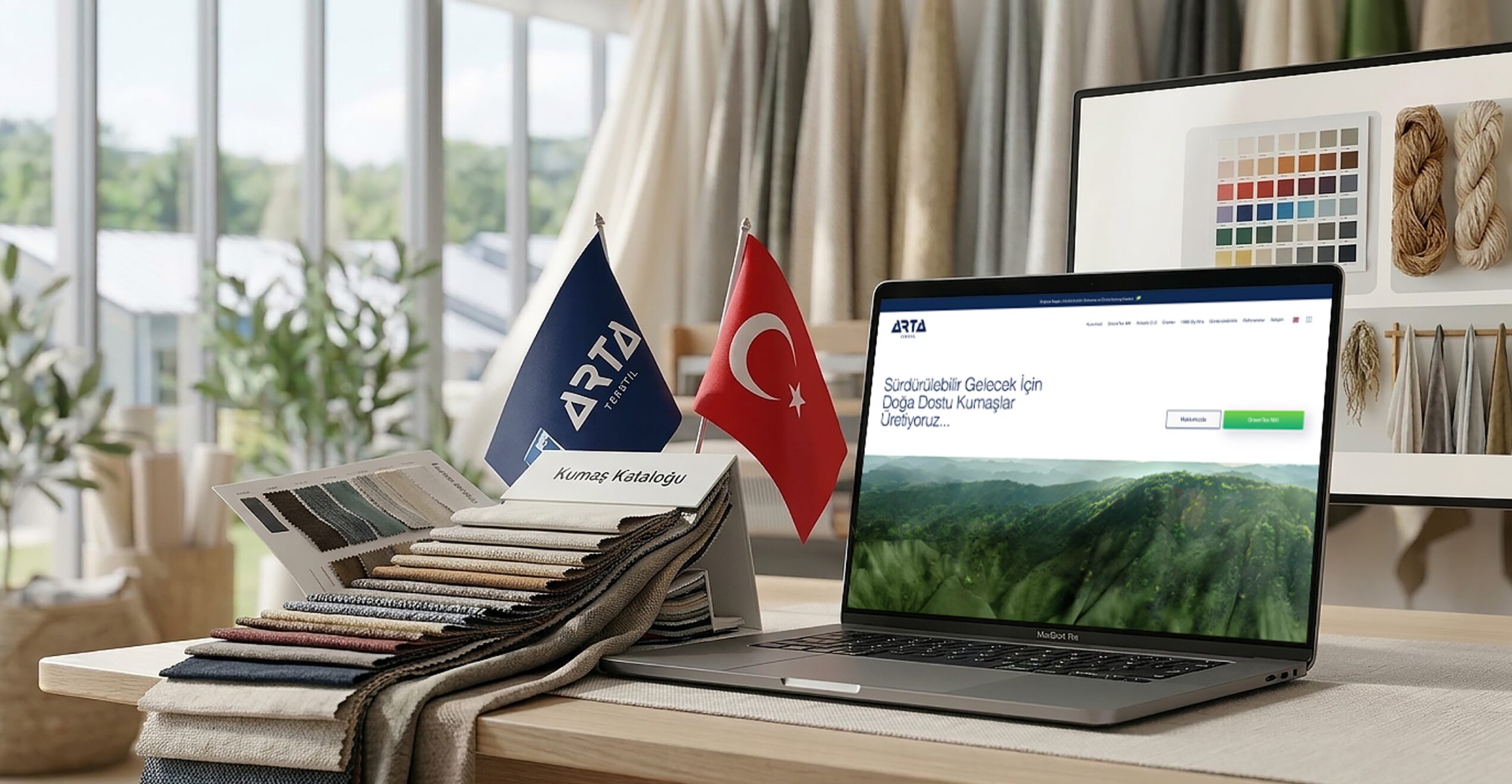Arta Tekstil kurumsal web sitesi, kumaş kataloğu ve marka bayrağı ile birlikte dizüstü ekranında
