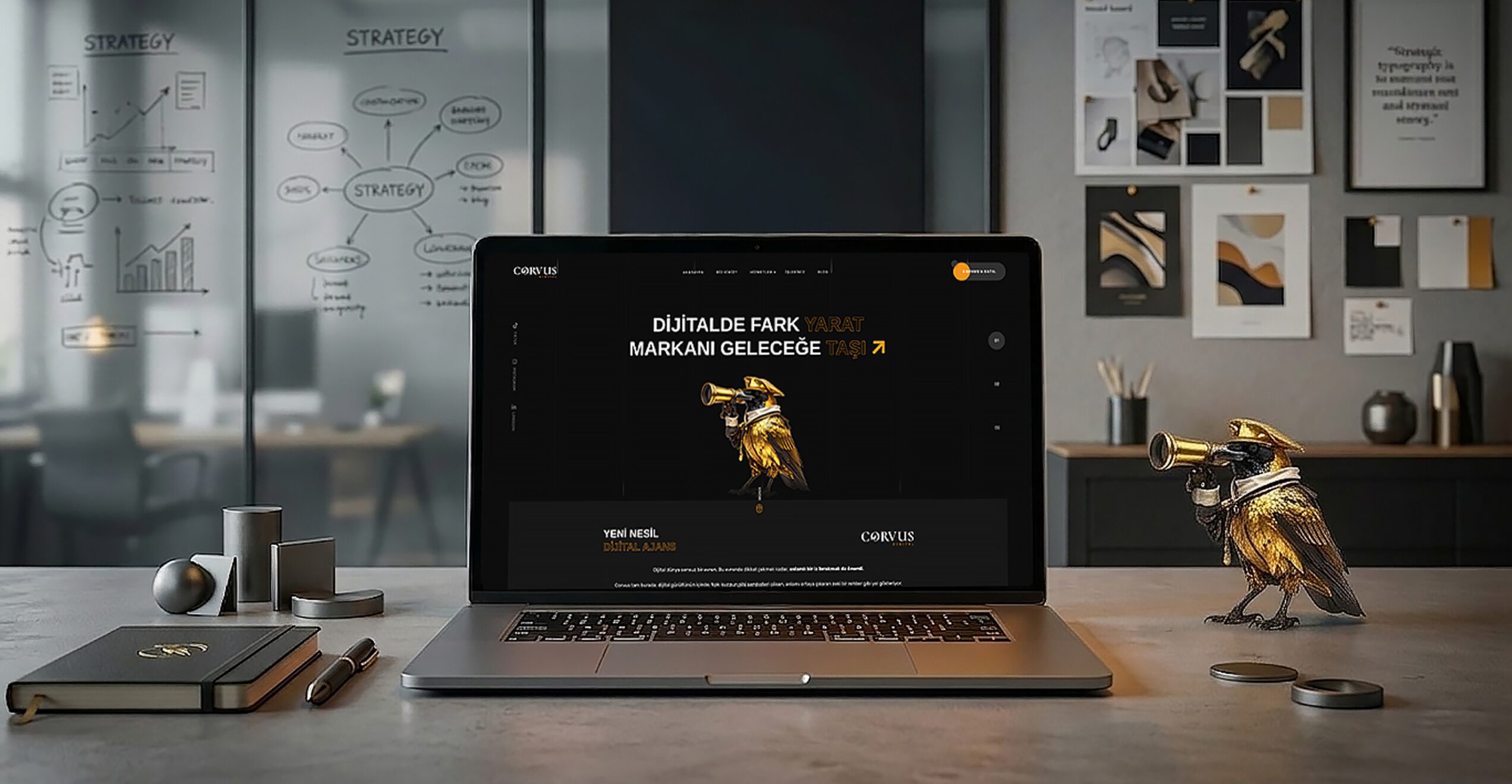 Corvus Digital için tasarlanan web sitesi ve markanın altın kuzgun figürü