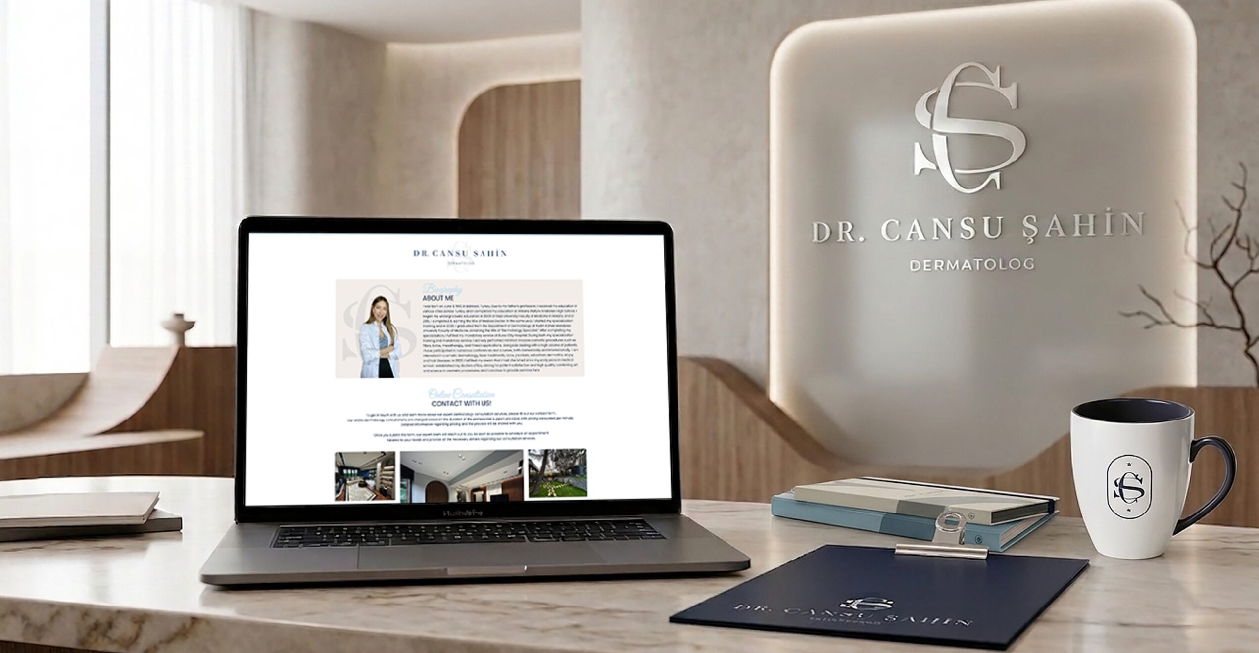 Dr. Cansu Şahin dermatoloji kliniği web sitesinin dizüstü ekranındaki görünümü