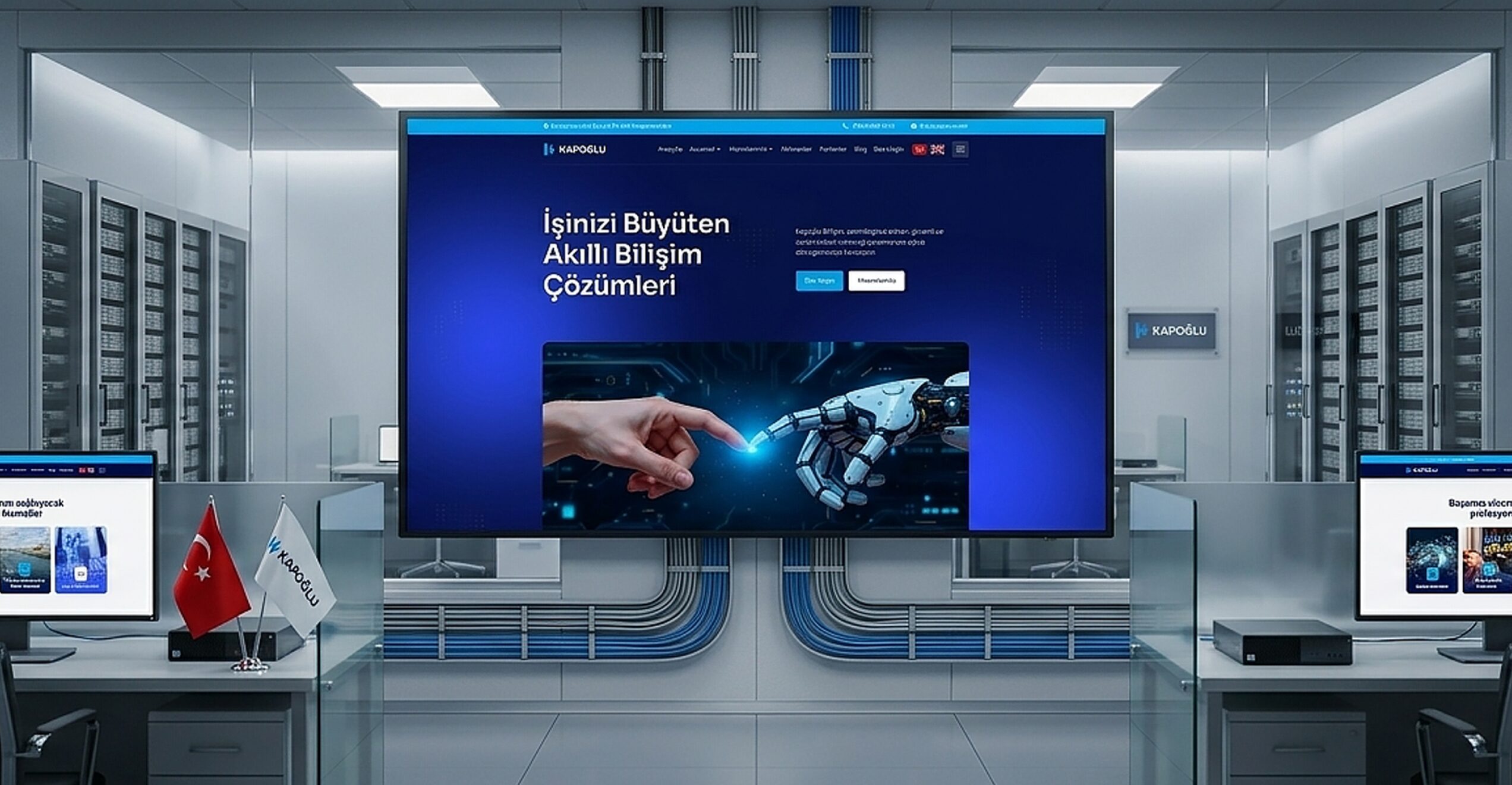 Kapoğlu Bilişim web sitesi, sunucu odasındaki büyük ekranda görüntüleniyor