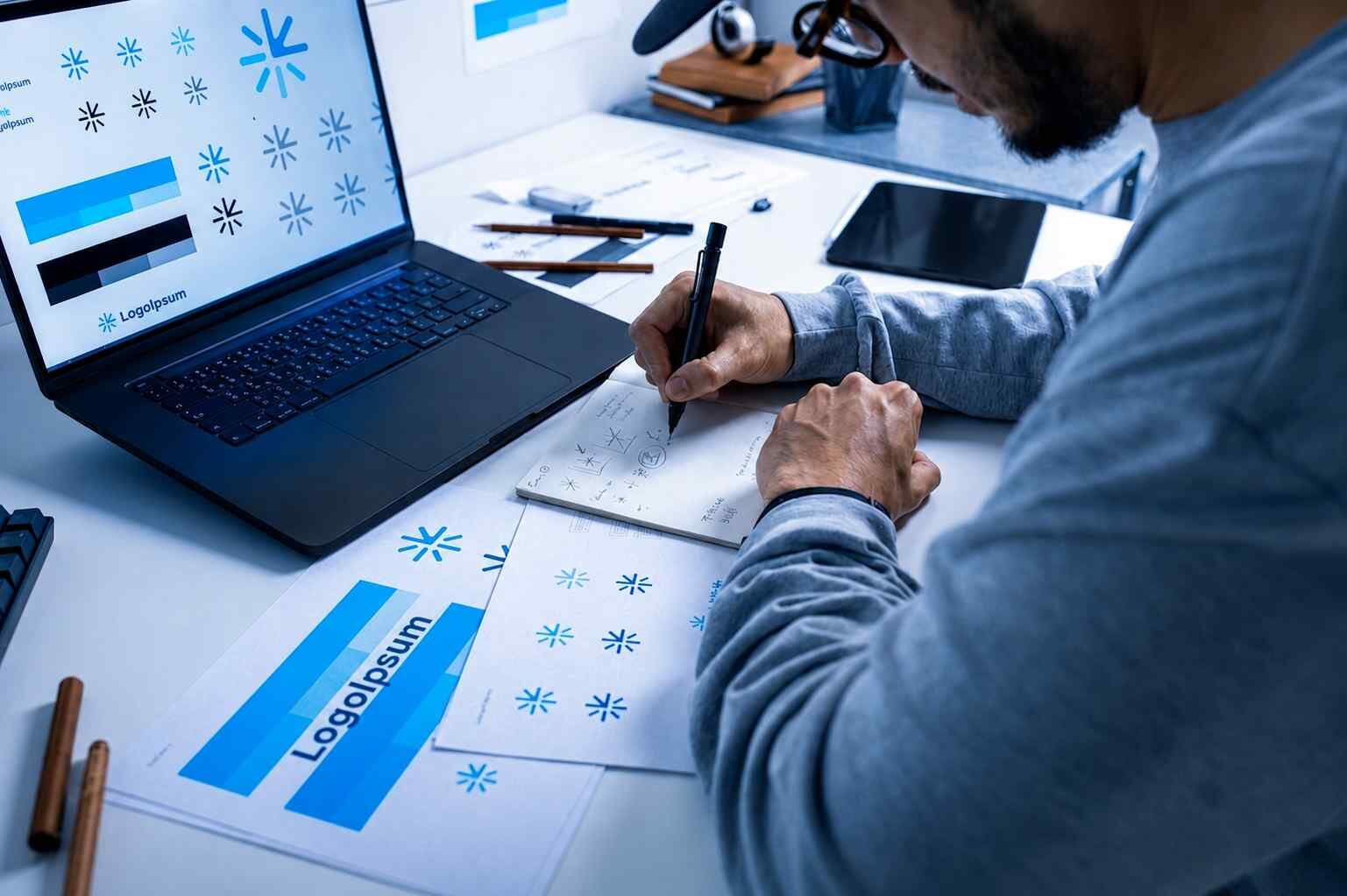 Logo eskizleri ve kurumsal kimlik sayfaları üzerinde çalışan grafik tasarımcı