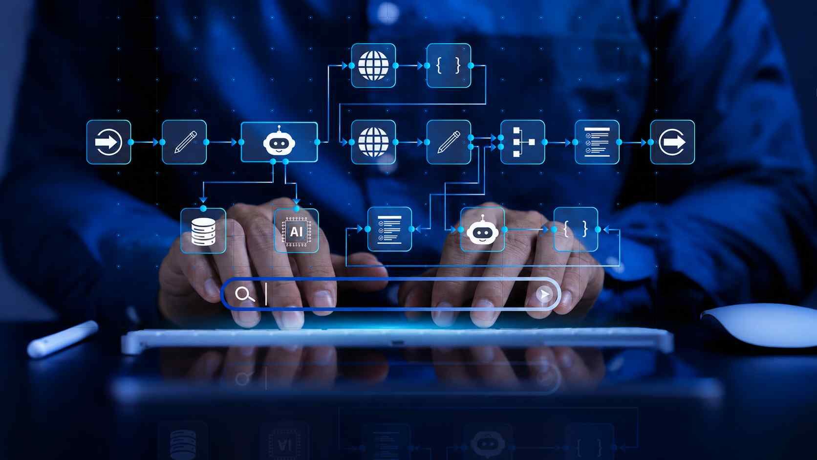 Tablet üzerinde beliren otomasyon iş akışı şeması ve yapay zeka ikonları