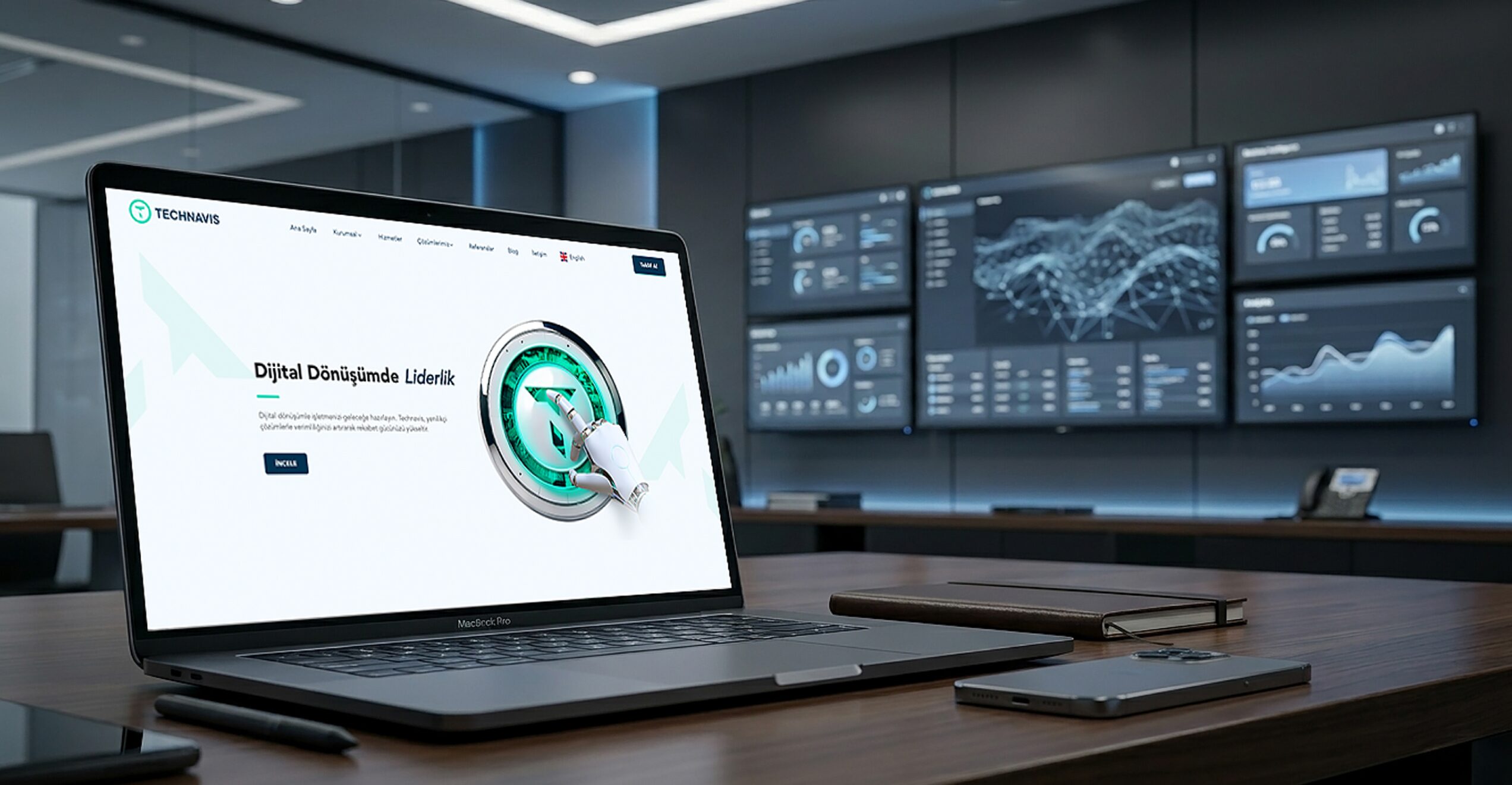 Toplantı odasındaki dizüstü bilgisayarda açık Technavis kurumsal web sitesi