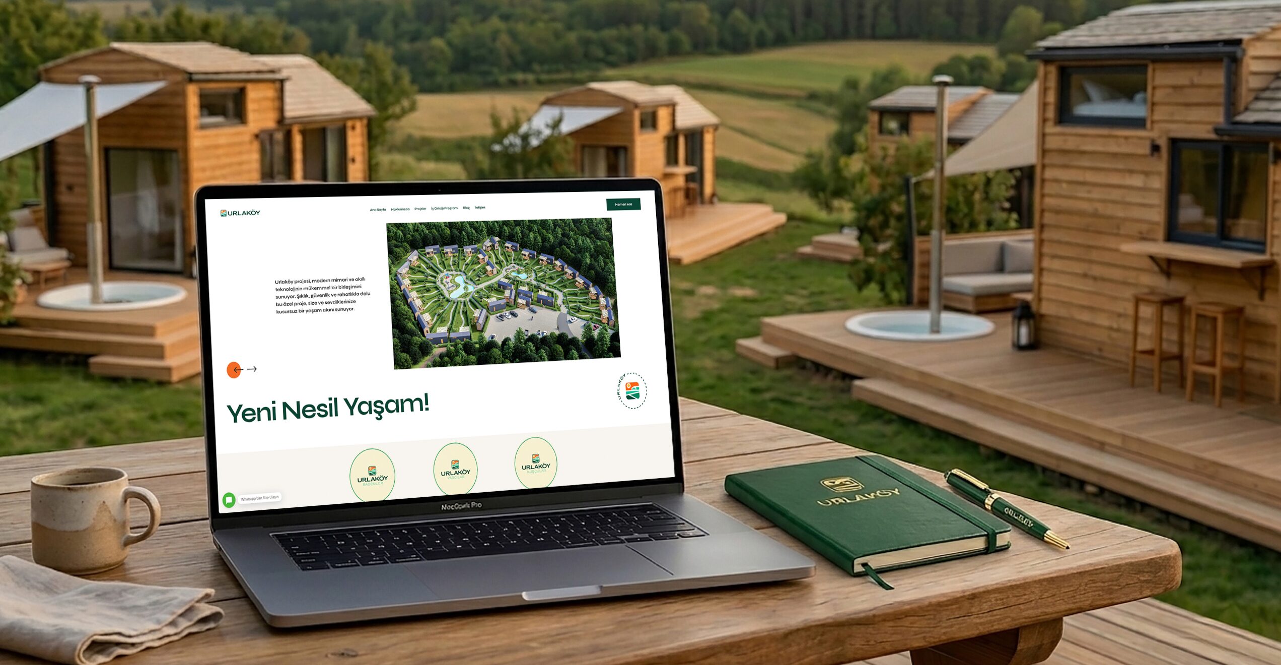 Urlaköy web sitesi, tiny house köyü manzarasına bakan masadaki dizüstü bilgisayarda