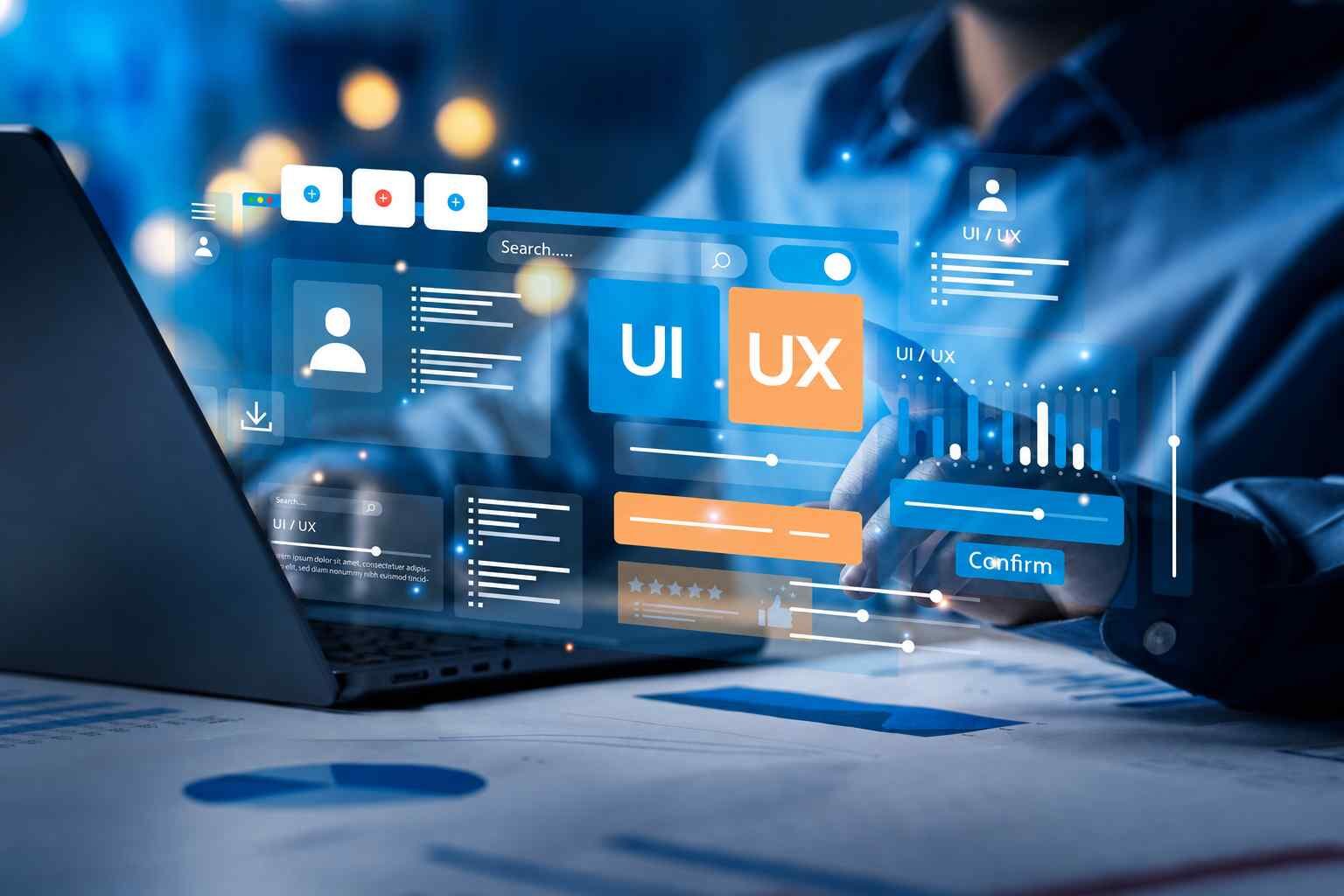 Havada beliren UI ve UX arayüz öğeleri üzerinde çalışan tasarımcı