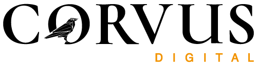 Corvus Digital logosu, O harfinin içindeki kuzgun figürüyle