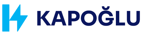 Kapoğlu logosu, açık mavi şimşek simgesi ve lacivert yazısıyla