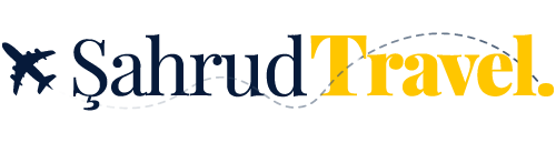 Şahrud Travel logosu, uçak ve rota çizimli marka amblemi
