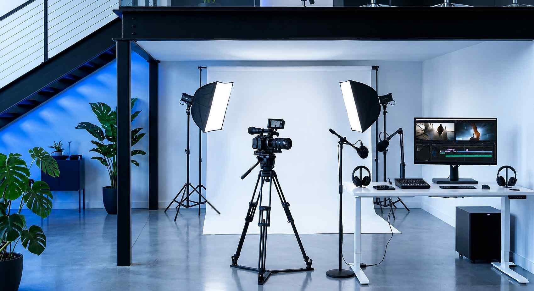 Kamera, softbox ışıklar ve kurgu istasyonuyla video prodüksiyon stüdyosu